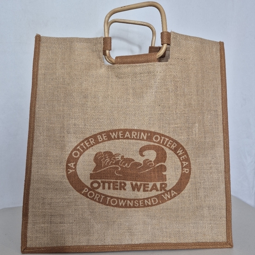 Jute Tote Bag / Large Burlap W/ Wooden Handles Otter Wear Screen Print 18" X 18"